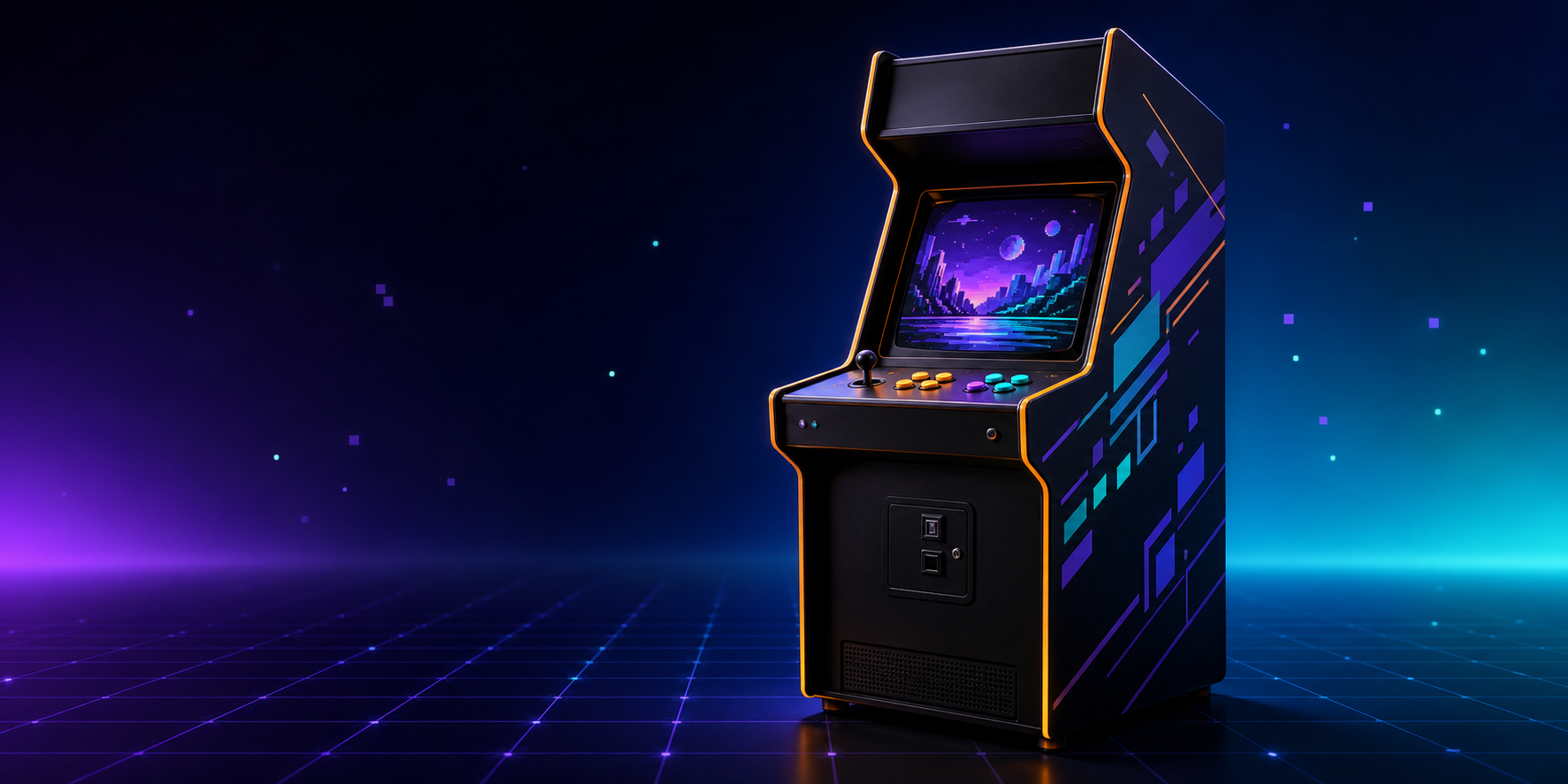 Schwarzer Arcade-Automat mit violetten und türkisen Akzenten.
