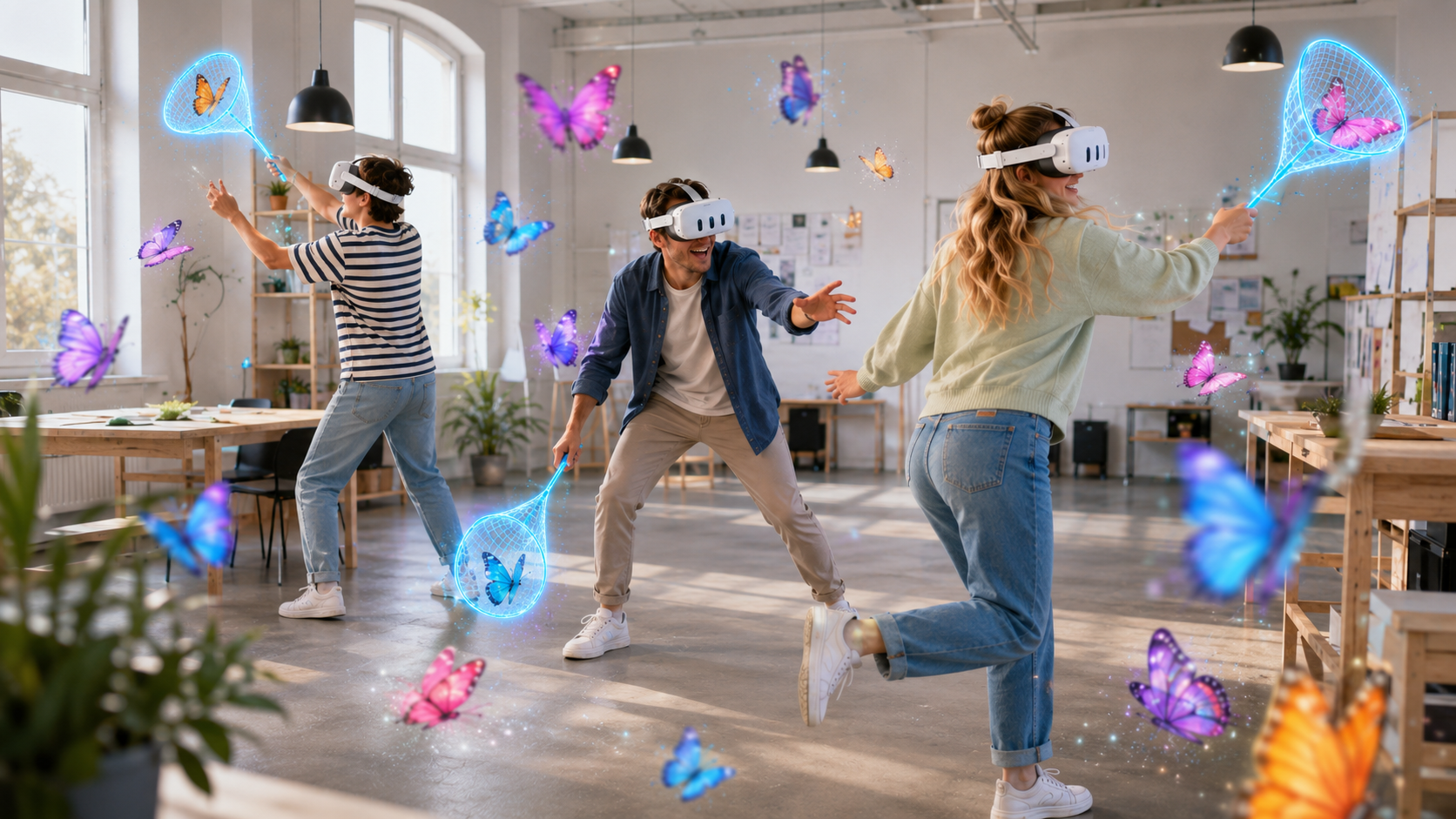 Drei Personen erleben gemeinsam ein Mixed-Reality-Spiel mit leuchtenden Schmetterlingen.